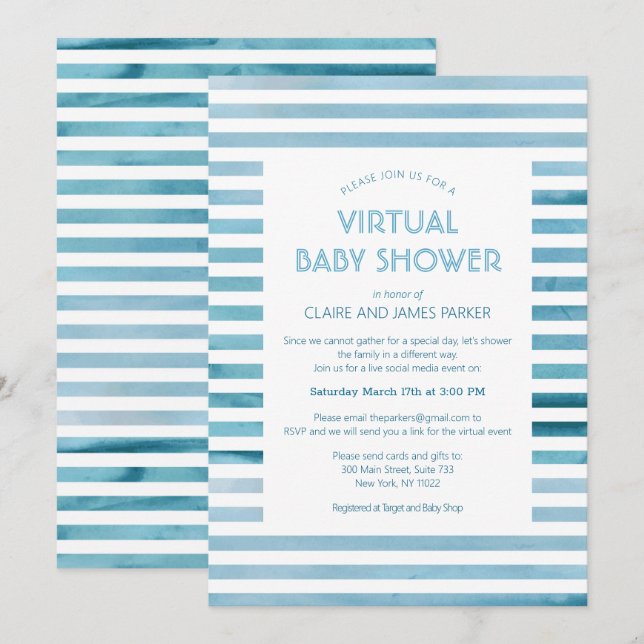 Watercolor Blue Stripes Virtual Baby Shower Invitation (Front/Back)