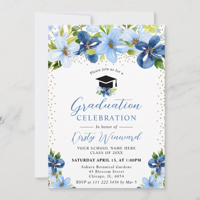 Watercolor Blue Summer Flowers Graduation Invitation (Front)