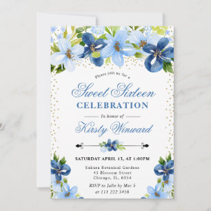 Watercolor Blue Summer Flowers Sweet 16 Invitation