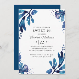 Watercolor blue Sweet 16. Floral 16th birthday Invitation