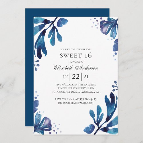 Watercolor blue Sweet 16 Floral 16th birthday Invitation