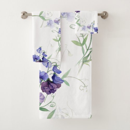 Watercolor Blue Sweet Peas Garden Flower Pattern Bath Towel Set