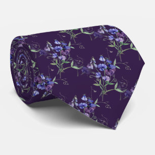 Watercolor Blue Sweet Peas Garden Flower Pattern Neck Tie