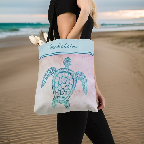 Watercolor Blue Teal Sea Turtle on Peach Monogram Tote Bag