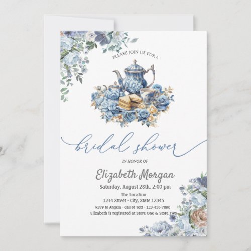 Watercolor Blue Teapot  Floral Baby Shower  Invitation