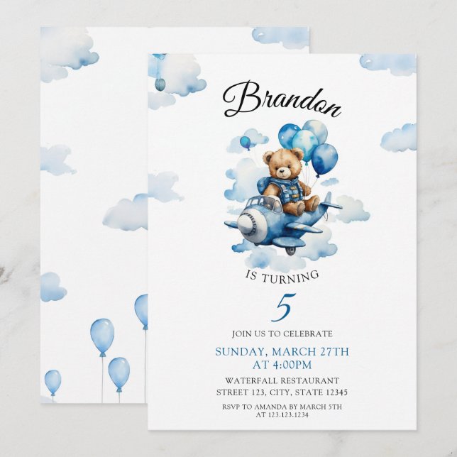 Watercolor Blue Teddy Bear Airplane 5th Birthday Invitation (Front/Back)
