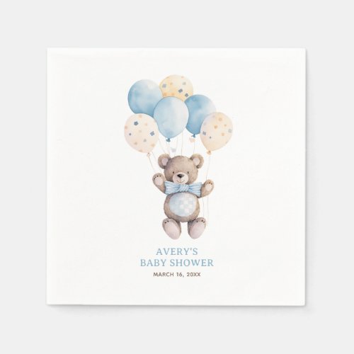 Watercolor Blue Teddy Bear Boy Baby Shower Napkins