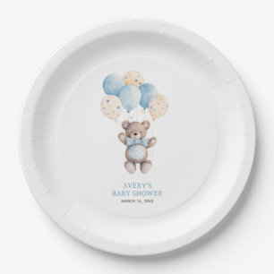 Watercolor Blue Teddy Bear Boy Baby Shower Paper Plates
