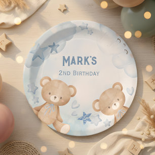 watercolor Blue teddy bear kids Paper Plates