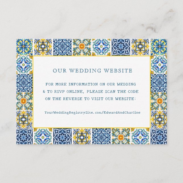 Watercolor Blue tile Mediterranean | RSVP QR Code Enclosure Card (Front)