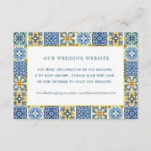 Watercolor Blue tile Mediterranean RSVP QR Code Enclosure Card