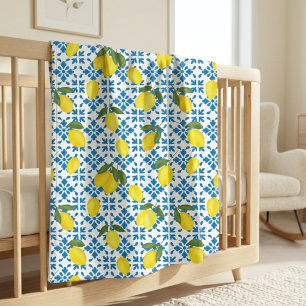 Watercolor Blue Tile Yellow Lemon Watercolor Baby Blanket