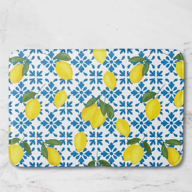 Watercolor Blue Tile Yellow Lemon Watercolor Bath Mat (Creator Uploaded)