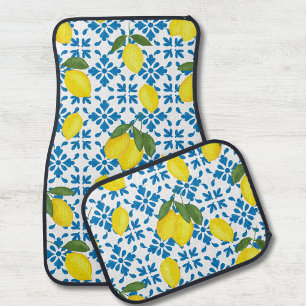 Watercolor Blue Tile Yellow Lemon Watercolor Car Floor Mat