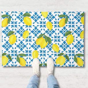 Watercolor Blue Tile Yellow Lemon Watercolor Doormat