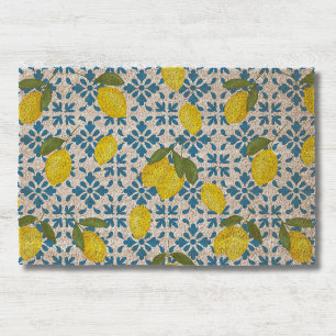 Watercolor Blue Tile Yellow Lemon Watercolor Fiber Doormat