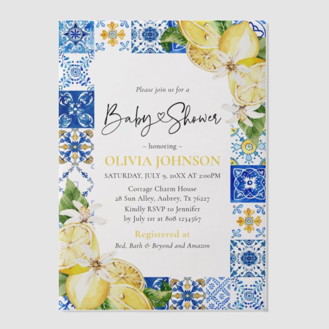Watercolor Blue Tiles Lemons Italian Baby Shower Vellum Invitations (Front)