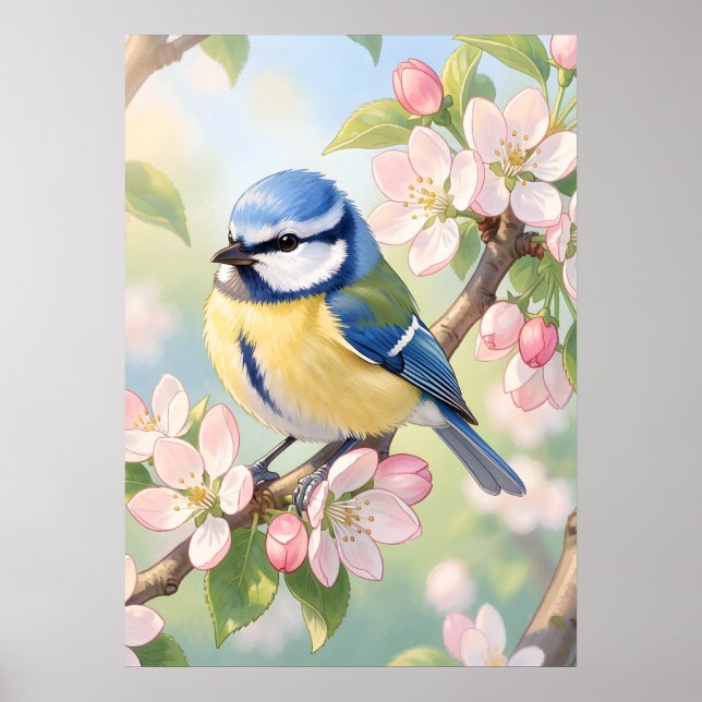 Watercolor Blue Tit Bird on Apple Tree Spring Poster (Front)