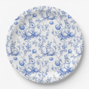 Watercolor Blue Toile De Jouy Easter Bunny Paper Plates