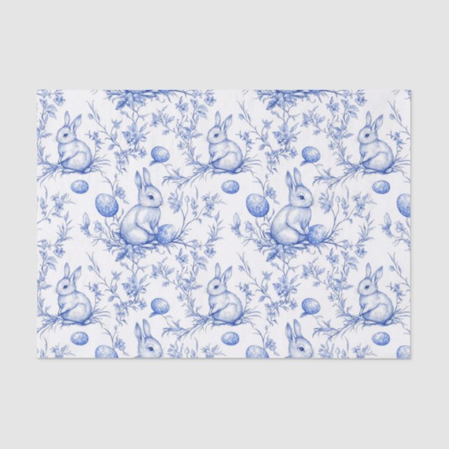 Watercolor Blue Toile De Jouy Easter Bunny Tissue Paper (Front)