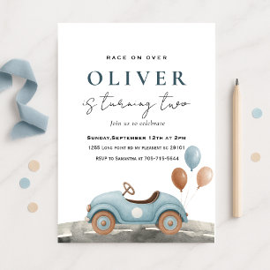 Watercolor Blue Toy Car Birthday Invitation