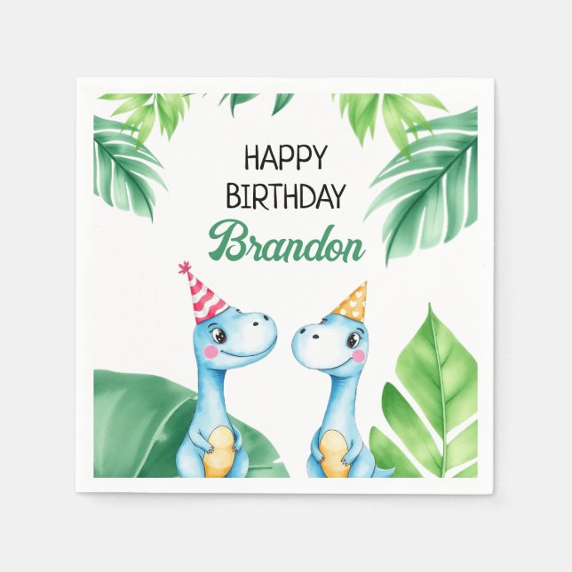 Watercolor Blue Trex Greenery Kids 3rd Birthday Napkins (Front)