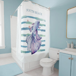 WATERCOLOR BLUE TROPICAL FISH BEACH VACATION SHOWER CURTAIN