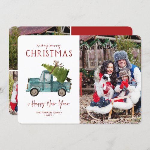 Watercolor Blue Truck  Christmas Holiday Photo Invitation