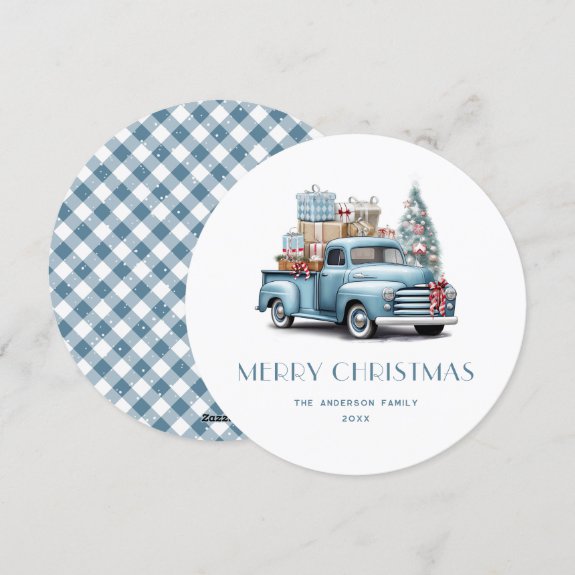 Watercolor Blue Truck Gingham Plaid Christmas Card