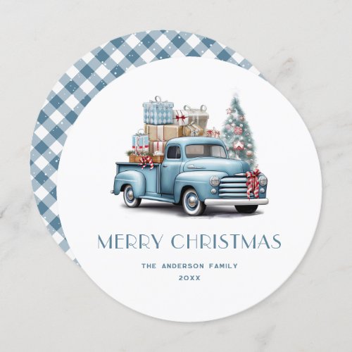 Watercolor Blue Truck Gingham Plaid Christmas Card