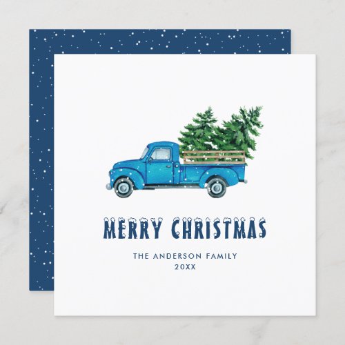 Watercolor Blue Truck Merry Christmas Card