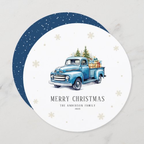 Watercolor Blue Truck Merry Christmas Card