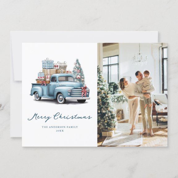 Watercolor Blue Truck Photo Merry Christmas Card