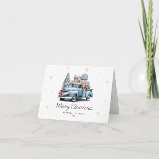 Watercolor Blue Truck Photo Merry Christmas Holiday Card (Front)