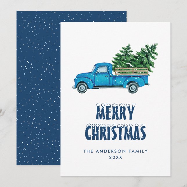 Watercolor Blue Truck Snow Merry Christmas Card (Front/Back)