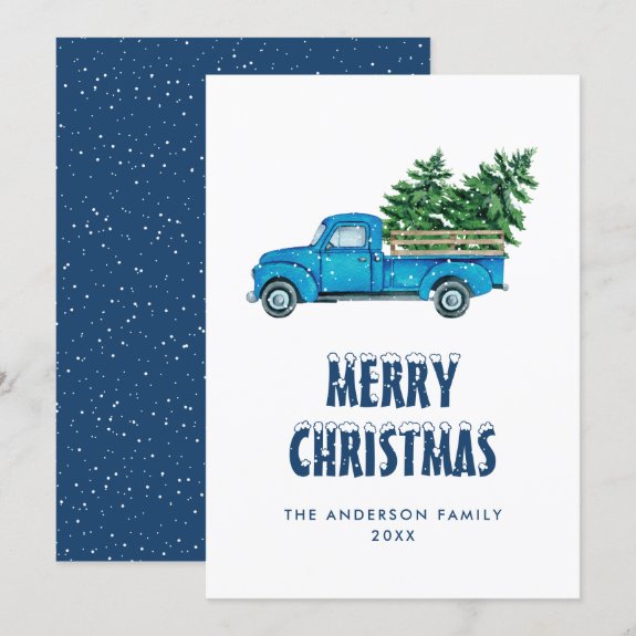 Watercolor Blue Truck Snow Merry Christmas Card