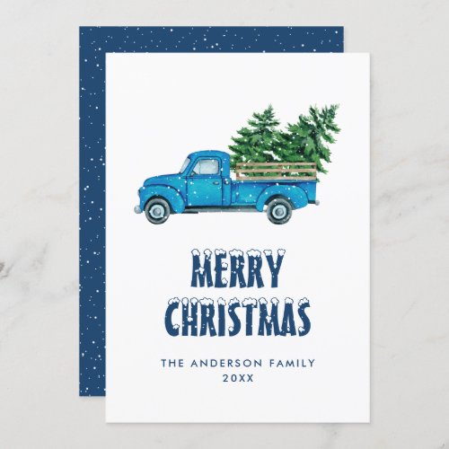 Watercolor Blue Truck Snow Merry Christmas Card