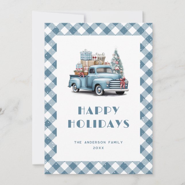 Watercolor Blue Truck Snow Plaid Holiday Card (Front)