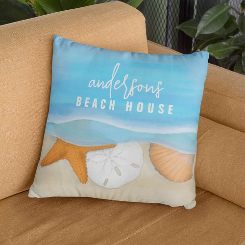 Watercolor Blue Typography Beach Personalized Throw Pillow
