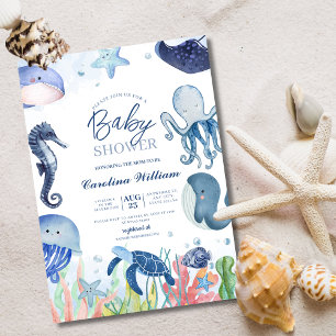 Watercolor blue under the sea baby shower invitation
