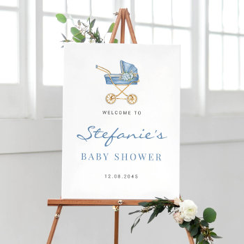 Watercolor Blue Vintage Stroller Boy Baby Shower Poster by misstallulah at Zazzle
