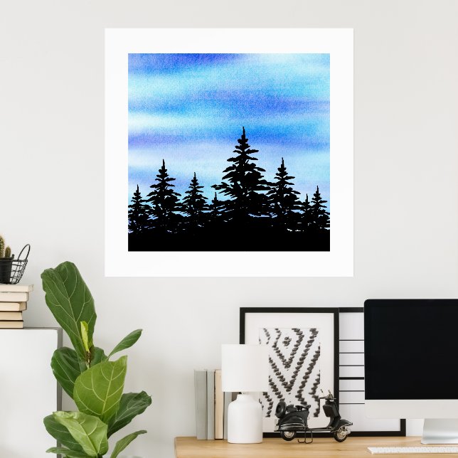 Watercolor Blue Violet Sky & Trees Silhouette Poster (Home Office)