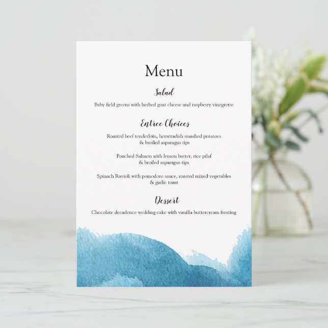 Watercolor blue wash wedding/event menus (Standing Front)