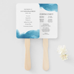 Watercolor blue wash wedding programs hand fan