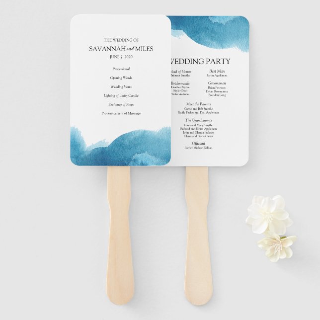 Watercolor blue wash wedding programs hand fan (Front and Back)
