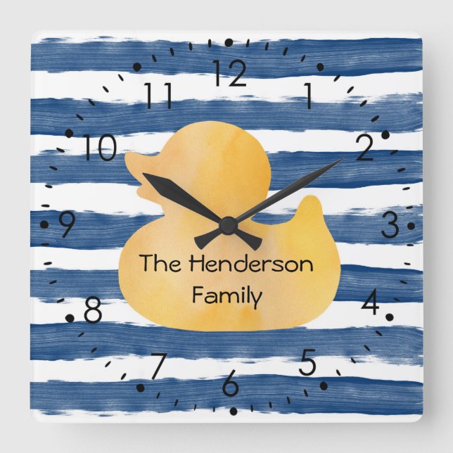 Watercolor Blue Water Yellow Rubber Duck Square Wall Clock (Front)