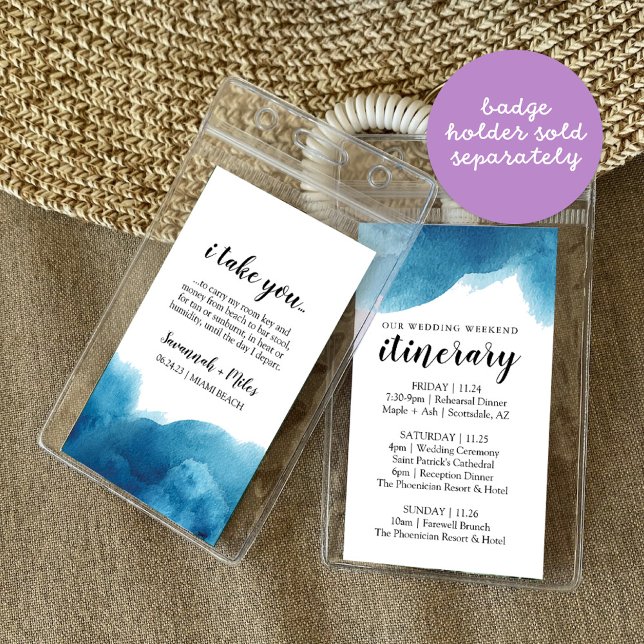 Watercolor Blue Wave Itinerary Badge Insert (Watercolor Blue Wedding Itinerary Key Card Badge Holder)