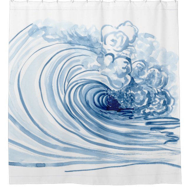 Watercolor Blue Wave Modern Contemporary Beach Shower Curtain (Front)