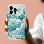 Watercolor blue waves custom name Case-Mate iPhone 14 pro max case<br><div class="desc">iPhone case featuring a watercolor painting of ocean waves.</div>