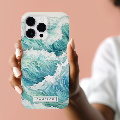 Watercolor blue waves custom name Case_Mate iPhone 14 pro max case